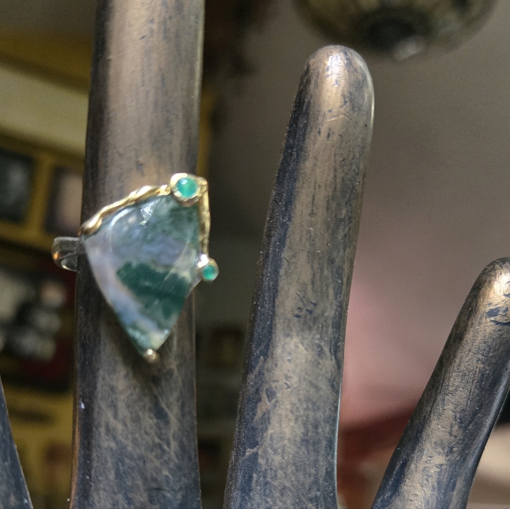 Moss Agate & Green Onyx Natural Gemstone Sterling & Gold Ring Sz7.5 - Picture 6 of 11